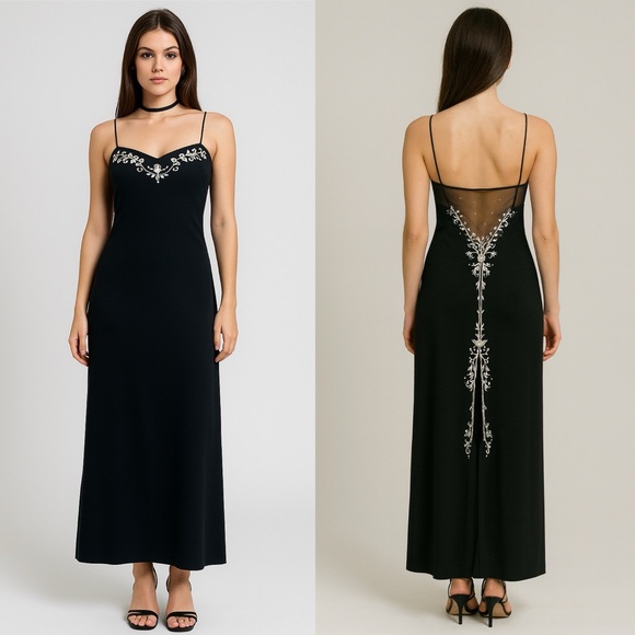 Vintage DJ nights Laura Ryner Gown Black Beaded embroidered y2k 90s size 11/12 - Picture 1 of 14